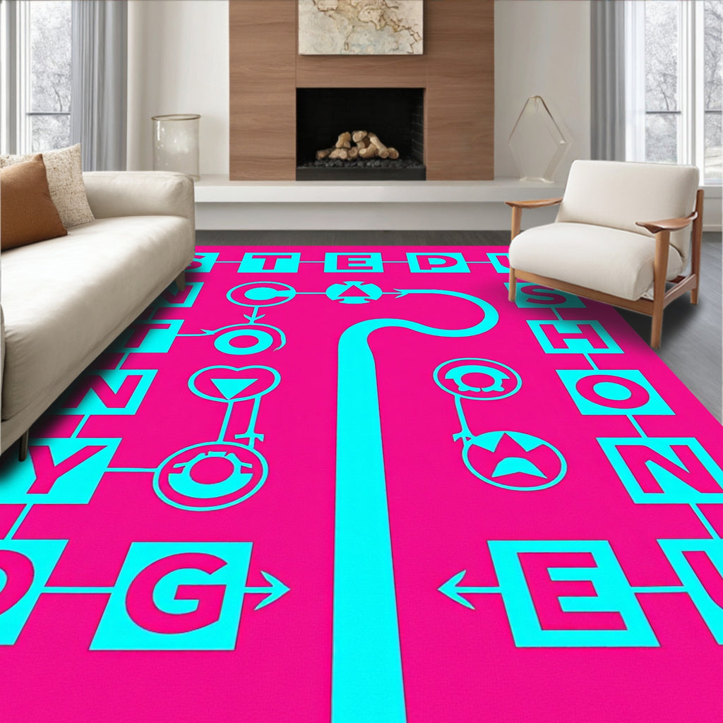 Bright Pink Cyan Abstract Geometric Text Rug