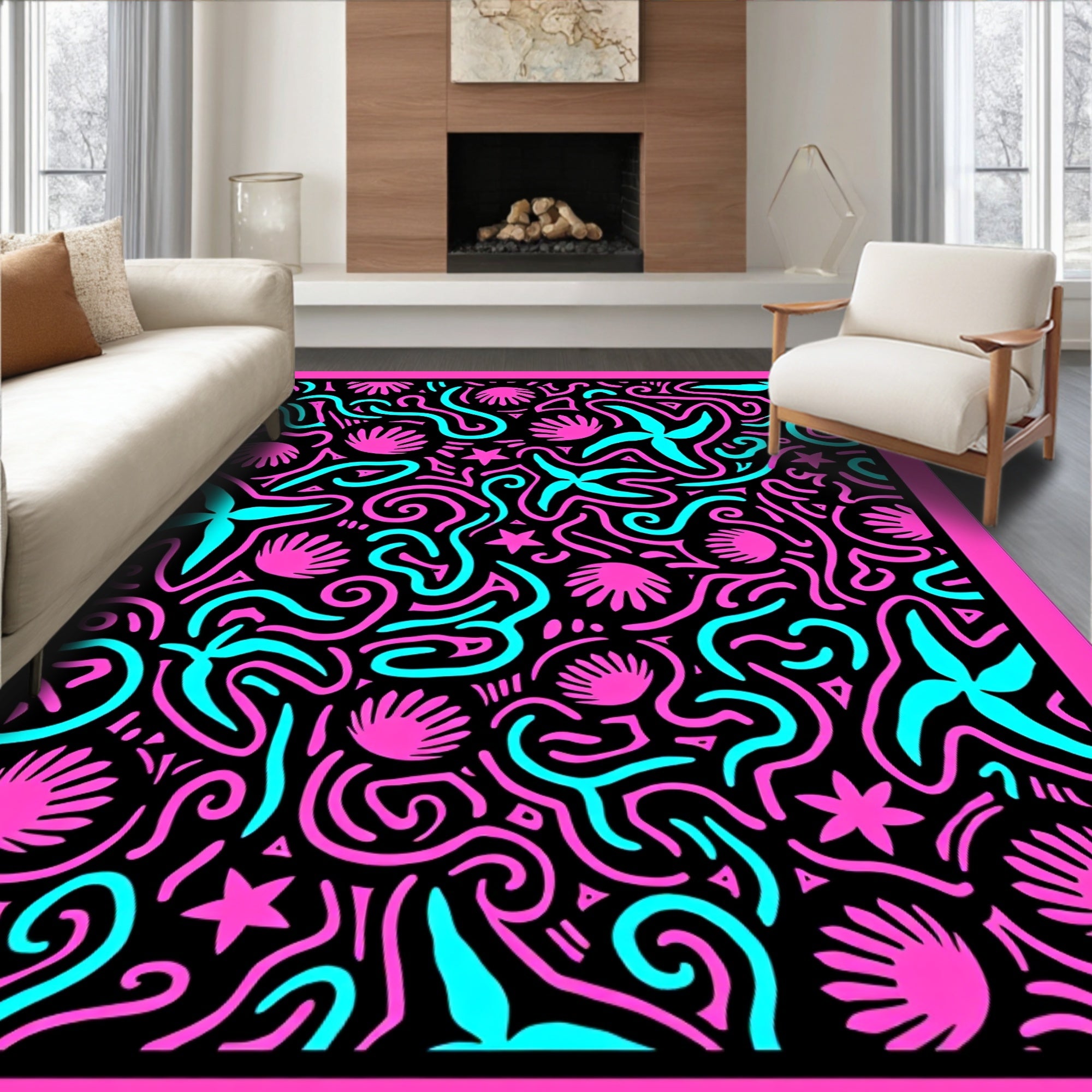 Vibrant Pink Cyan Seashell Starfish Swirls Rug
