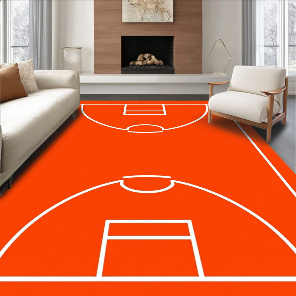 Energetic Orange Basketball Court Outline Rug