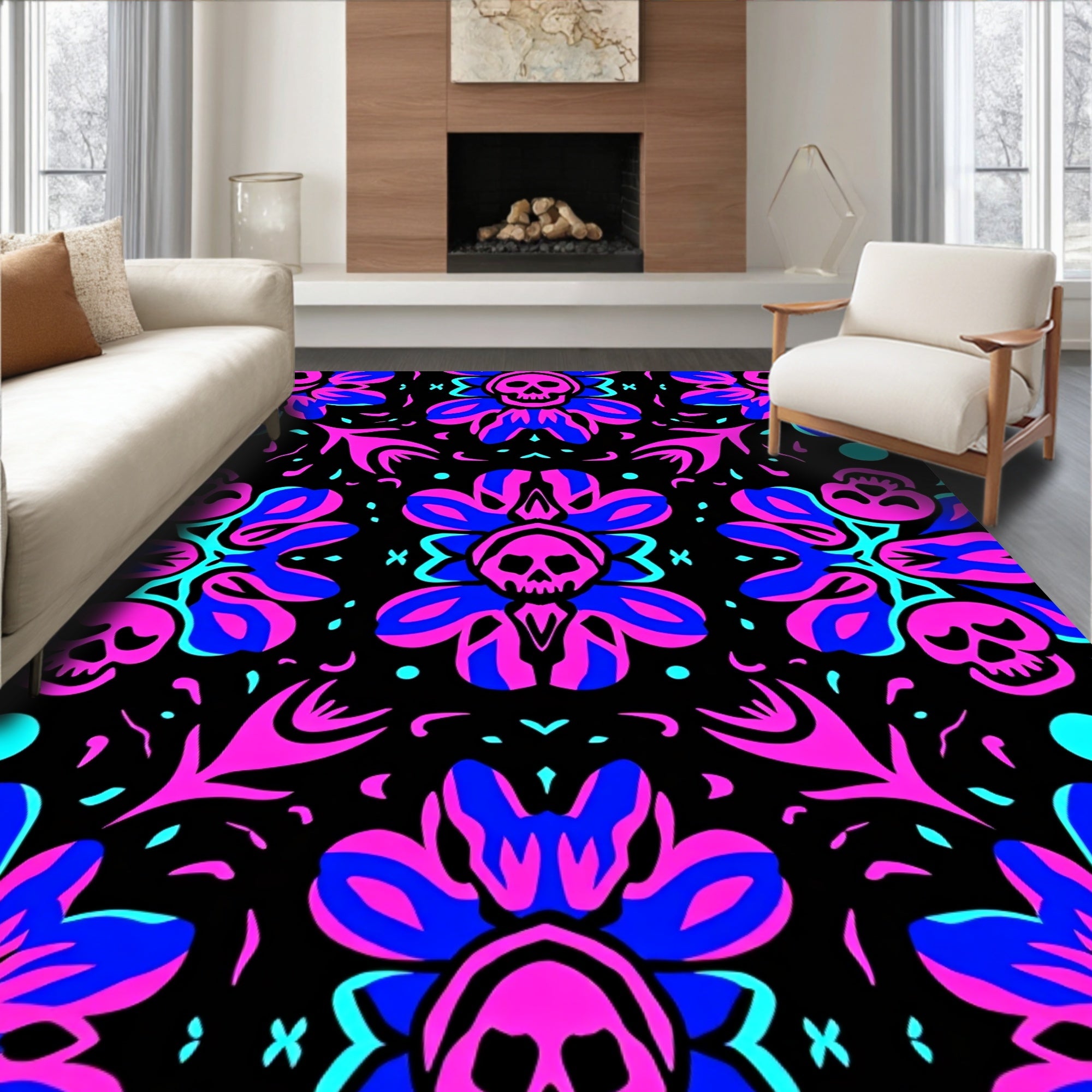 Vibrant Skull Floral Kaleidoscope Rug