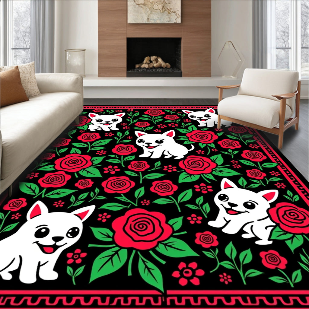 Charming White Chihuahuas Red Roses Rug