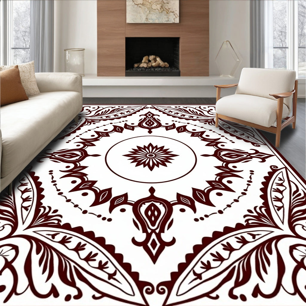 Deep Crimson Floral Medallion Border Rug