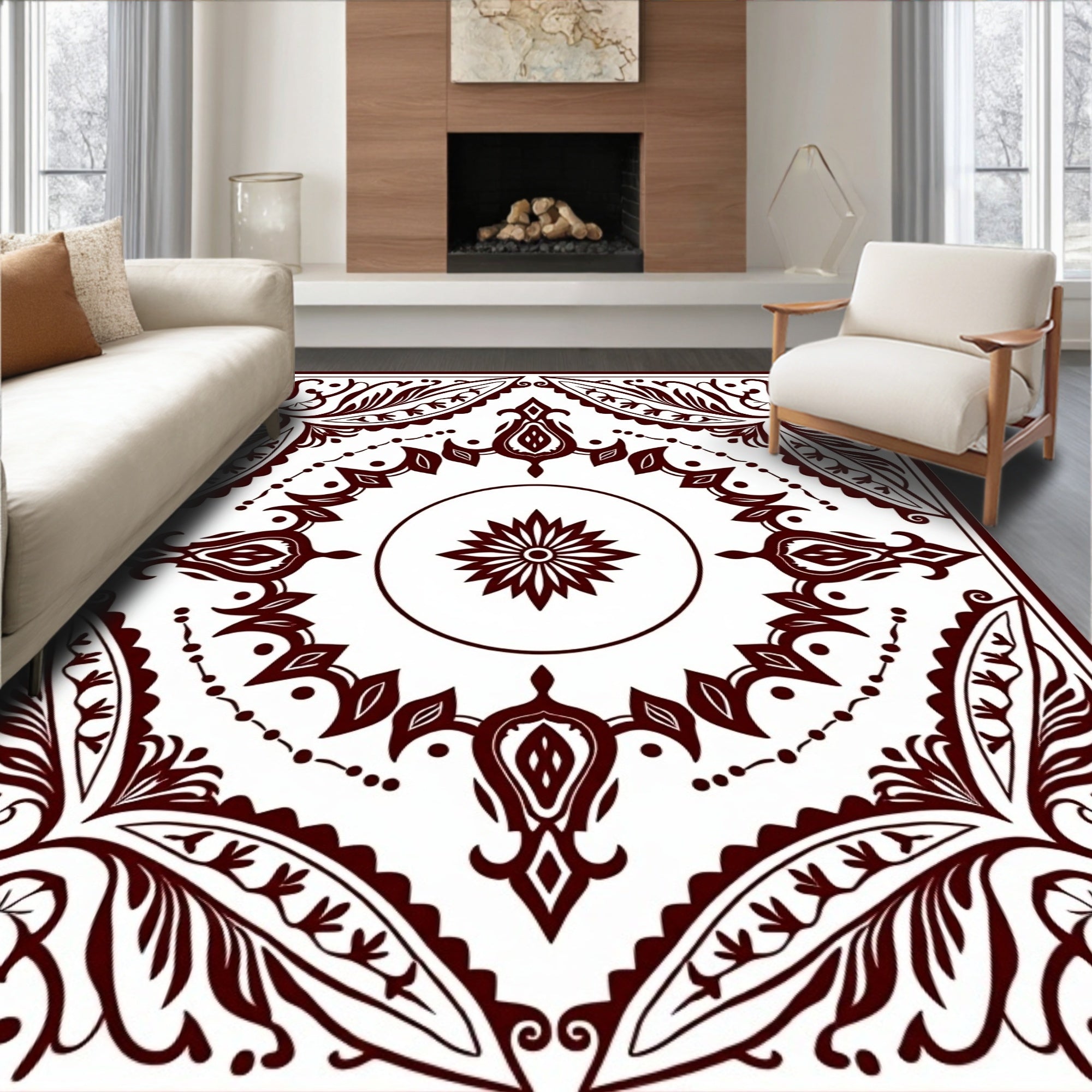 Deep Crimson Floral Medallion Border Rug