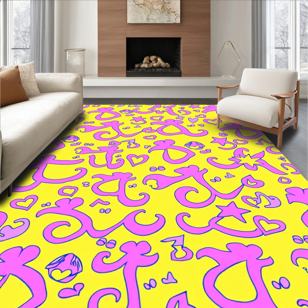 Pink Hearts Stars Swirls Yellow Rug