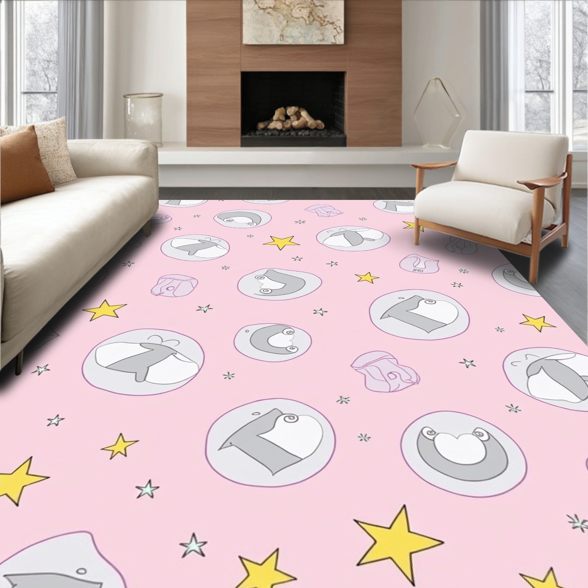 Pastel Pink Whimsical Bubbles Stars Rug