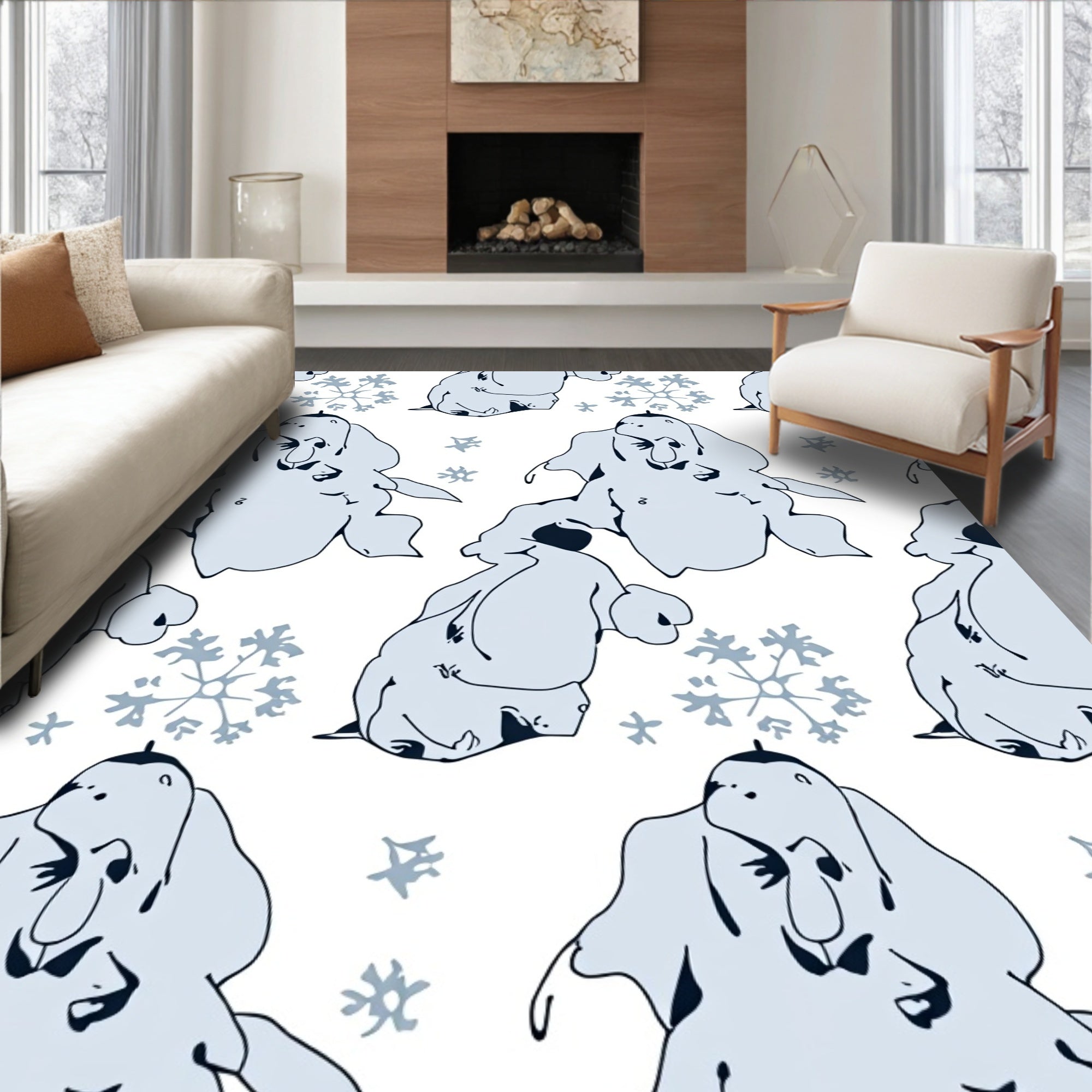 Light Blue Snowman Snowflake Scene Rug