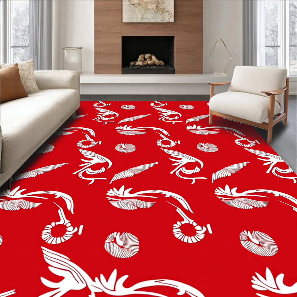 Crimson White Winged Ornate Scroll Rug