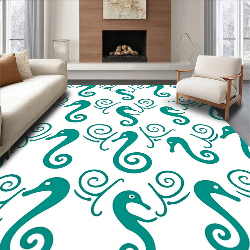 Teal Seahorse Swirl Graphic Rug
