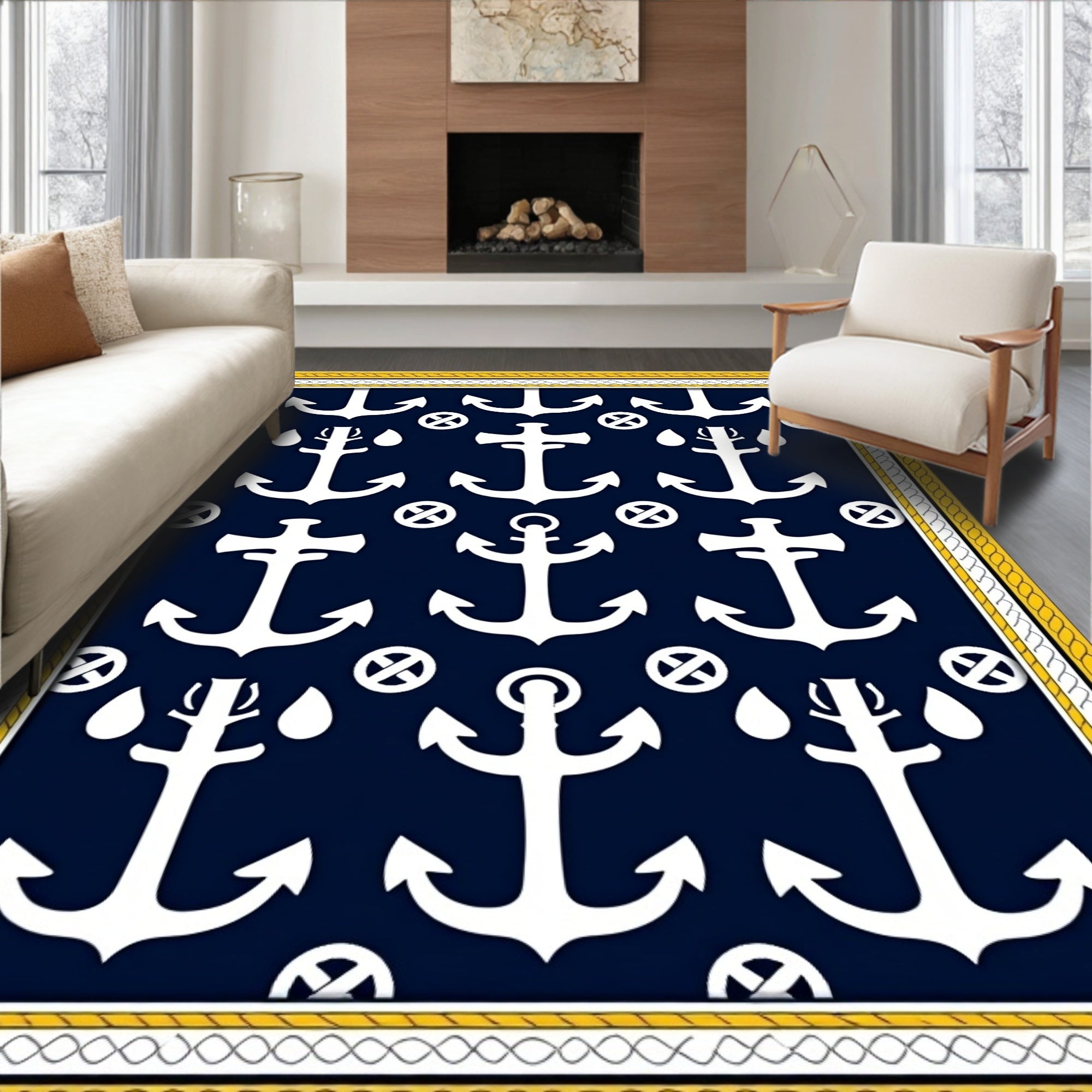Nautical White Anchor Navy Repetition Rug