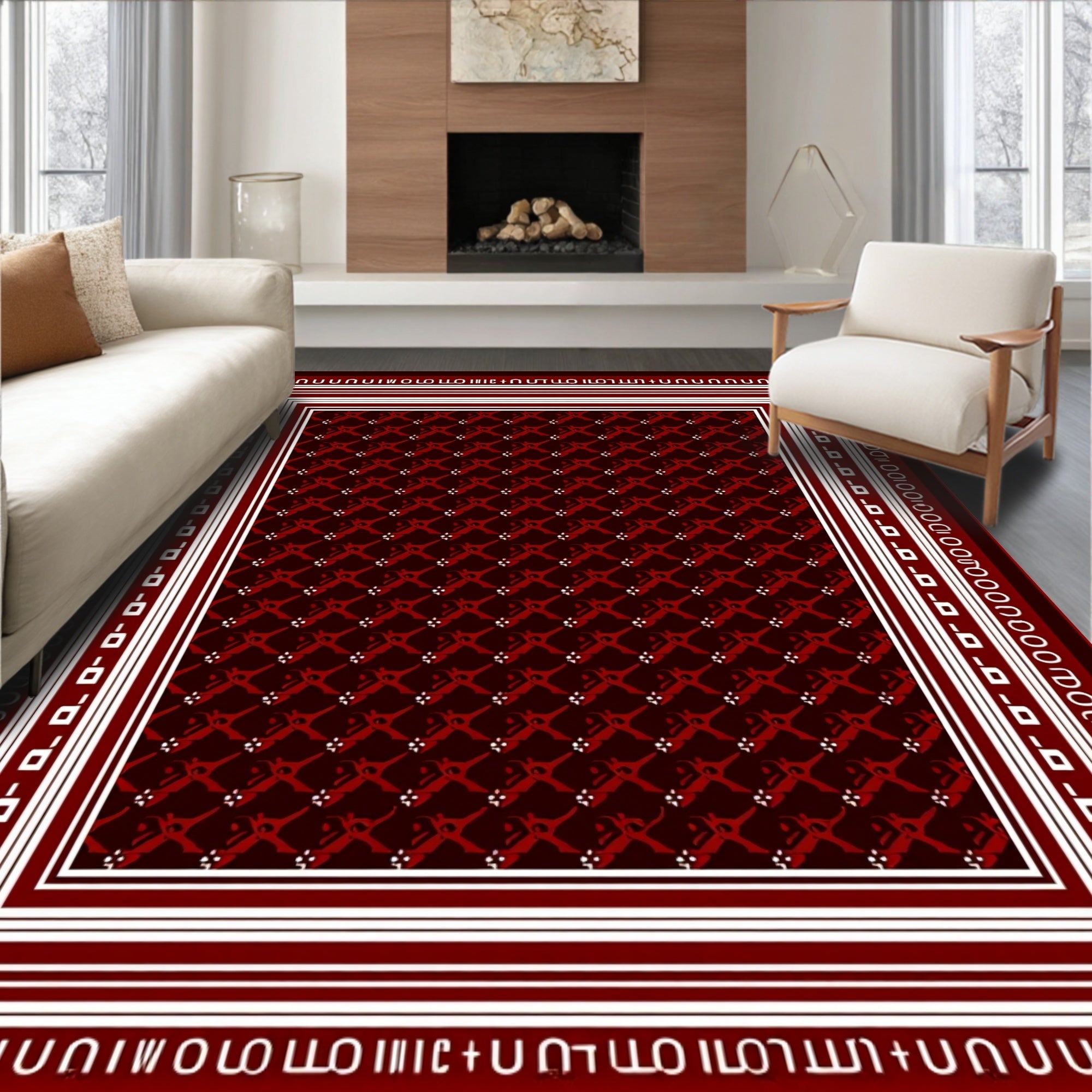 Deep Red Lattice Bordered Rug