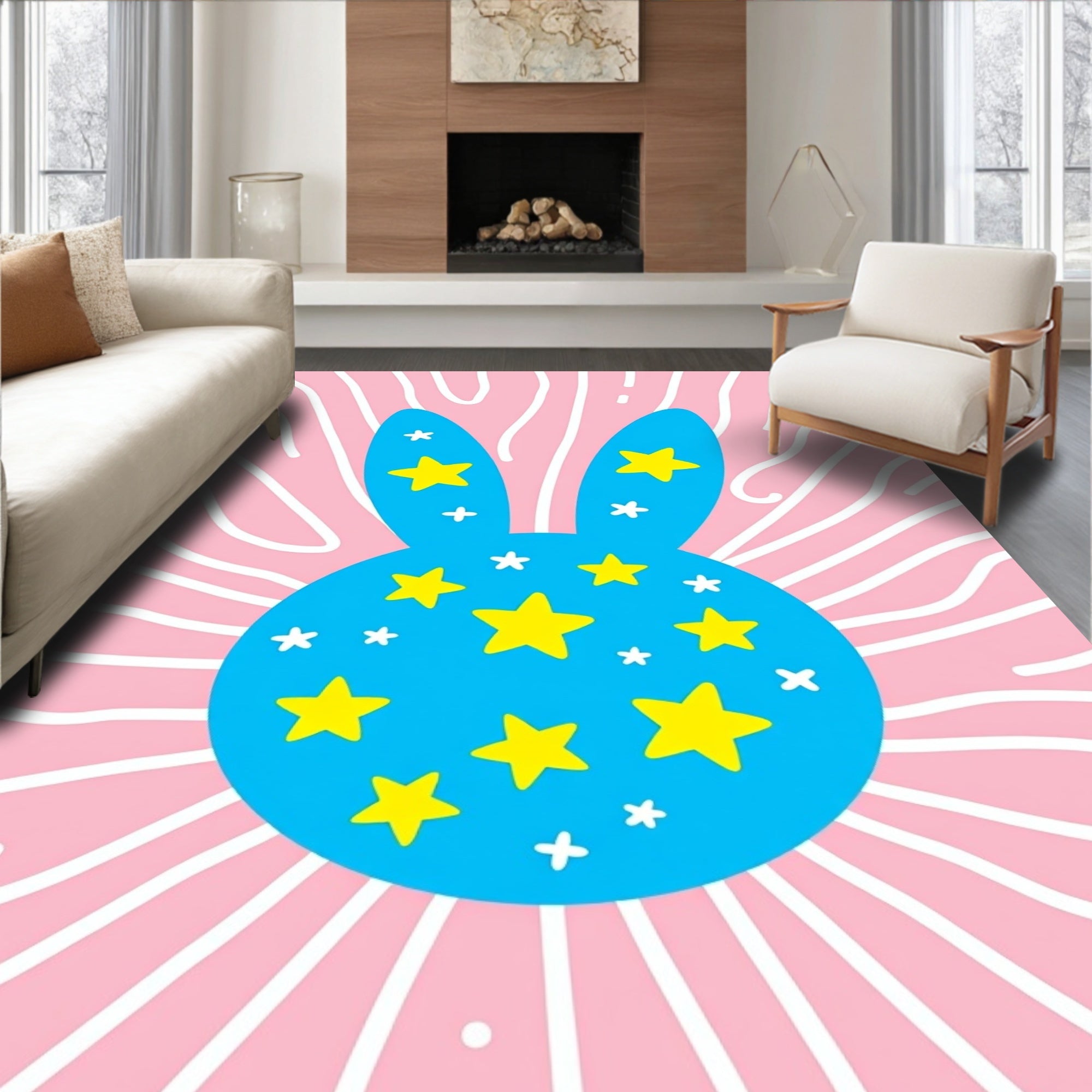 Cyan Bunny With Yellow Stars Rug