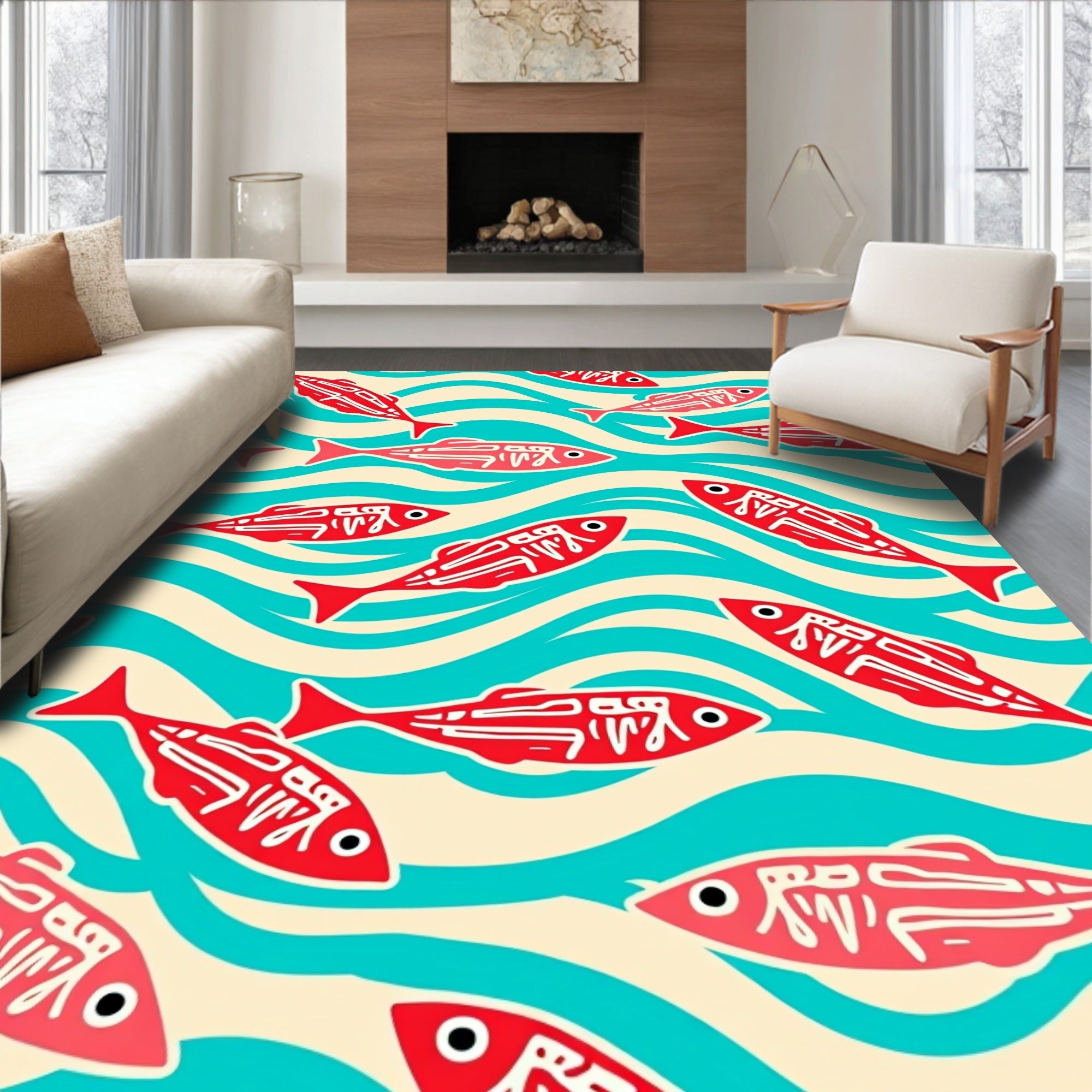 Red Fish Aqua Waves Rug