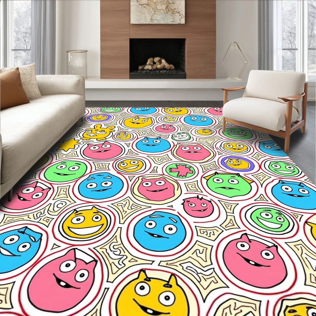 Whimsical Colorful Cartoon Faces Rug
