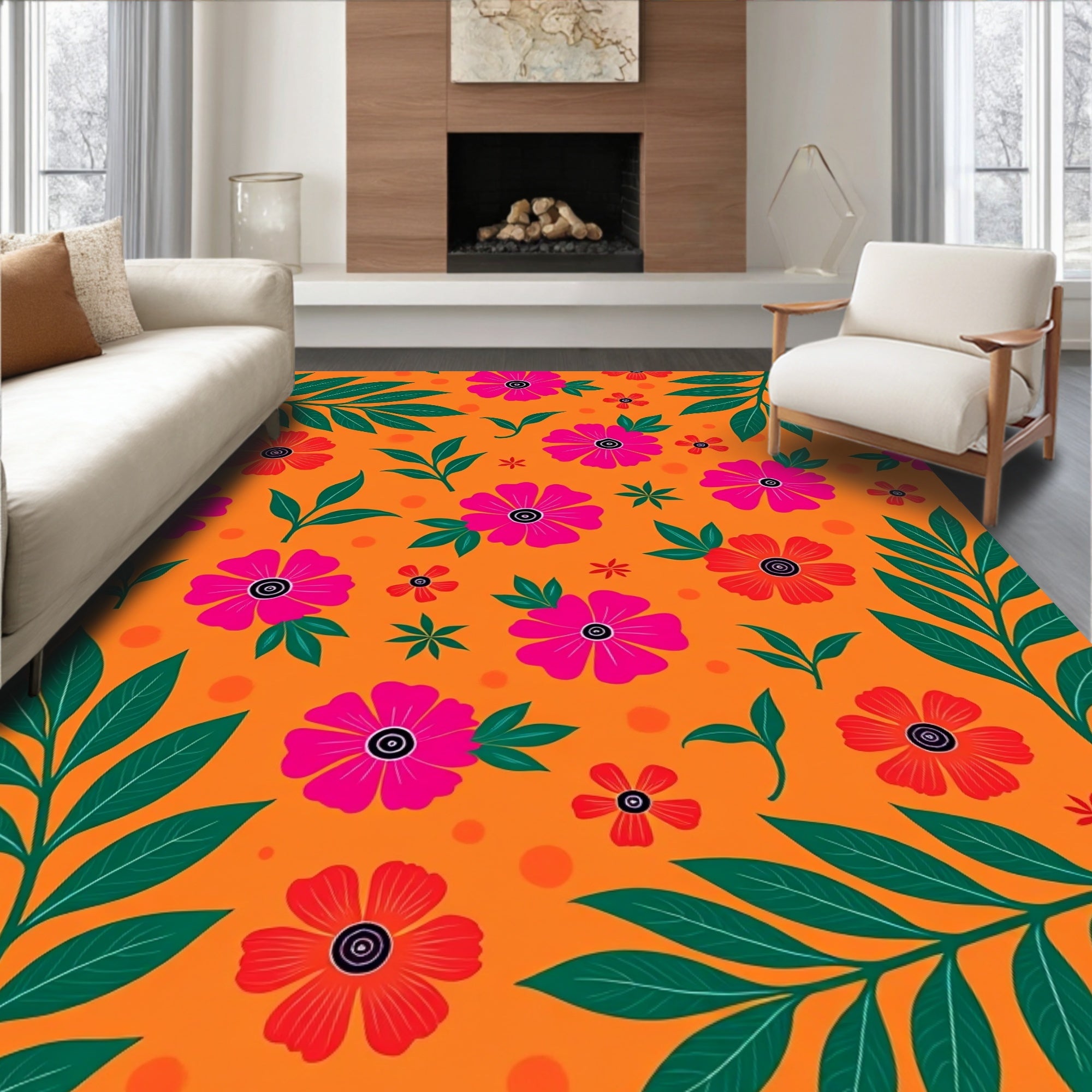 Vibrant Coral Floral Leaf Garden Rug