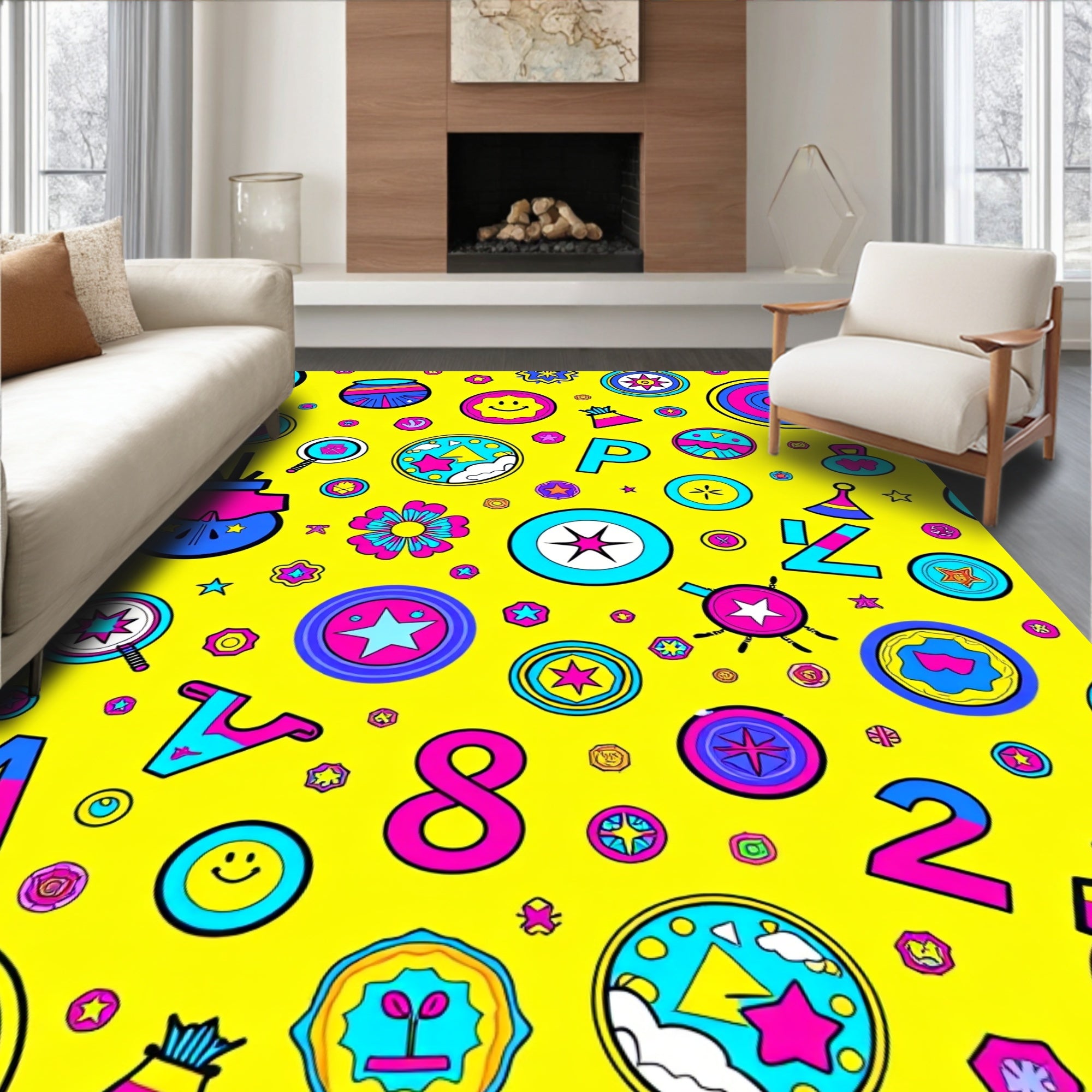 Vibrant Yellow Cartoon Fun Symbols Rug