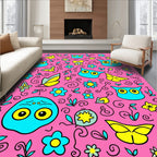 Cute Turquoise Owl Yellow Butterfly Floral Pink Rug