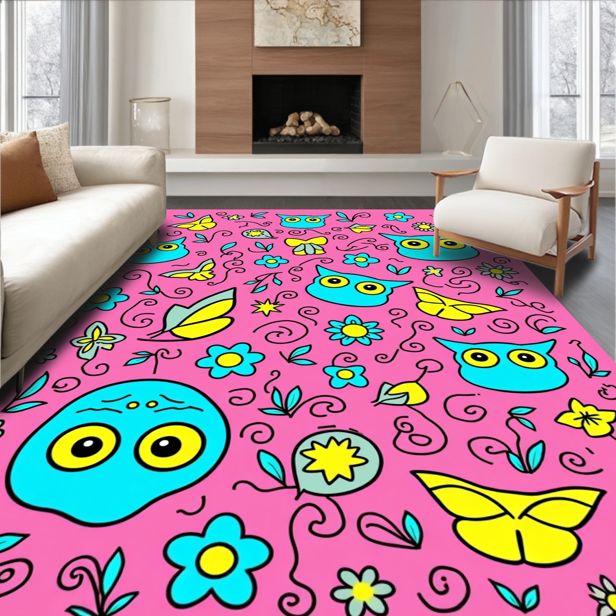 Cute Turquoise Owl Yellow Butterfly Floral Pink Rug