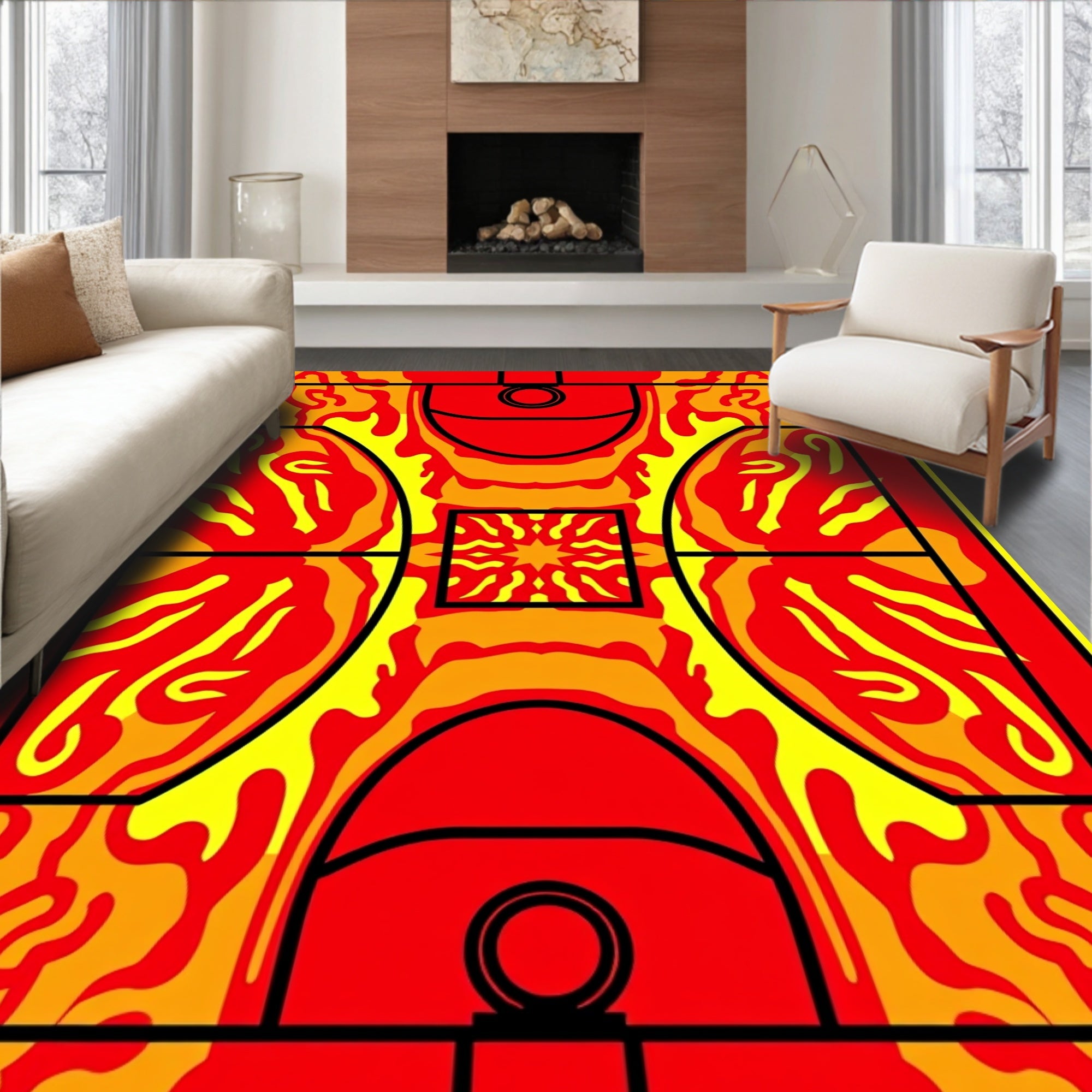 Fiery Red Orange Abstract Court Rug