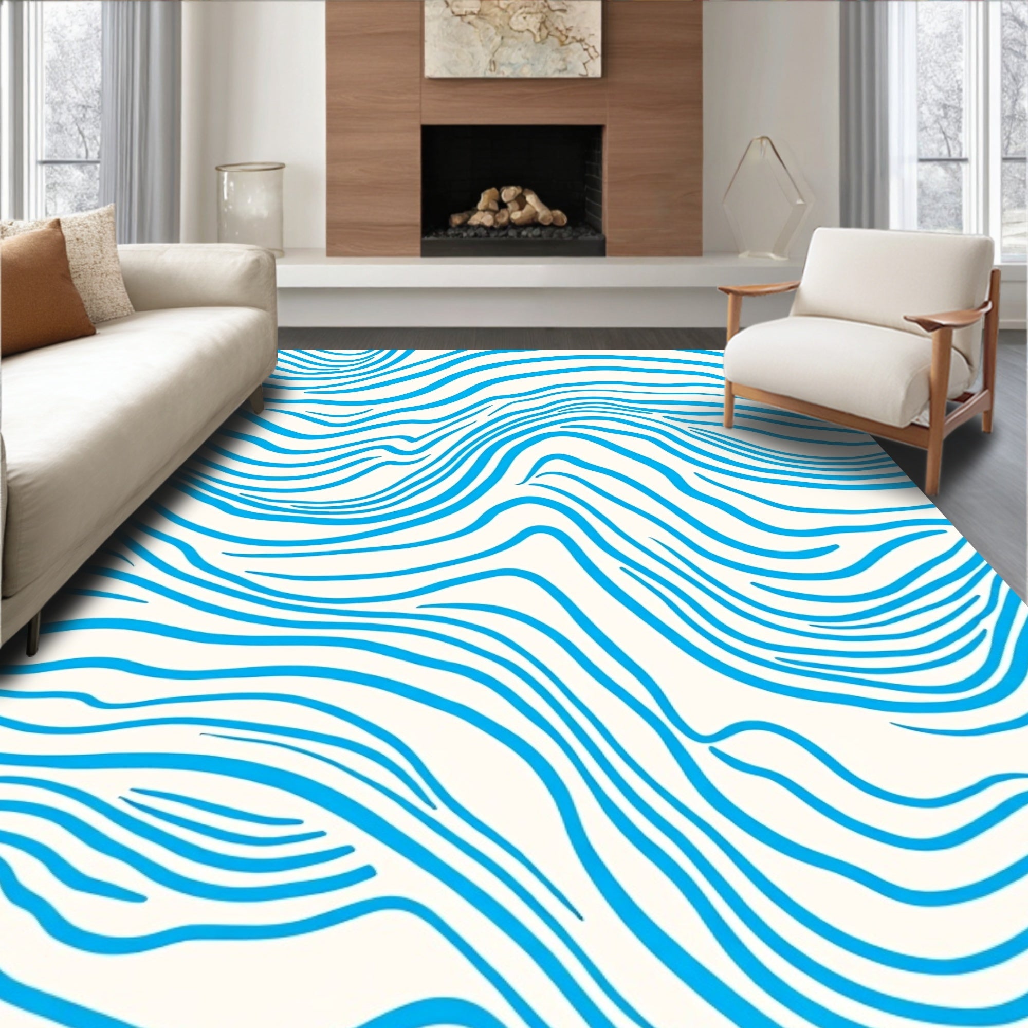 Oceanic Blue Abstract Wavy Lines Rug