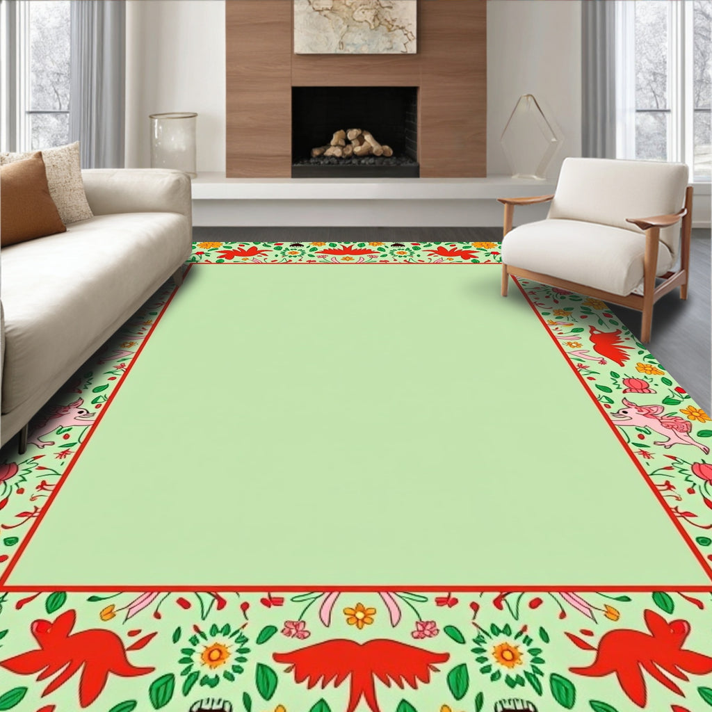 Red Creature Floral Border Rug