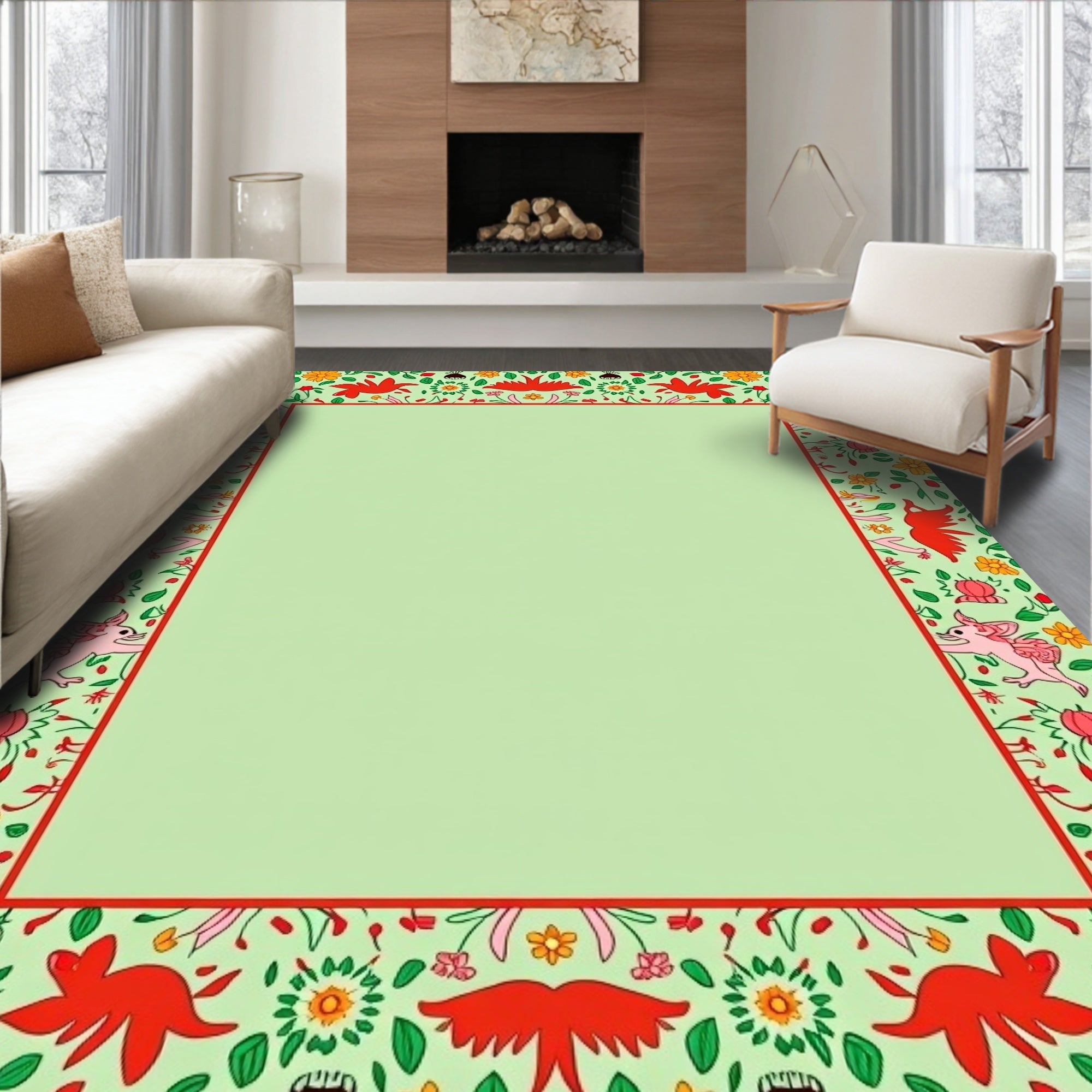 Red Creature Floral Border Rug