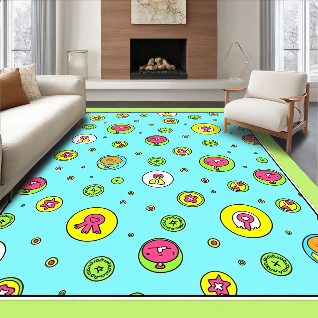 Playful Doodle Characters Scattered Circles Rug