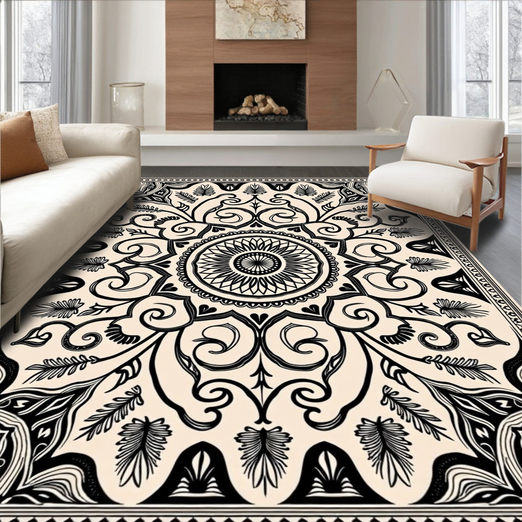 Cream and Black Floral Mandala Rug