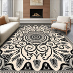 Cream and Black Floral Mandala Rug