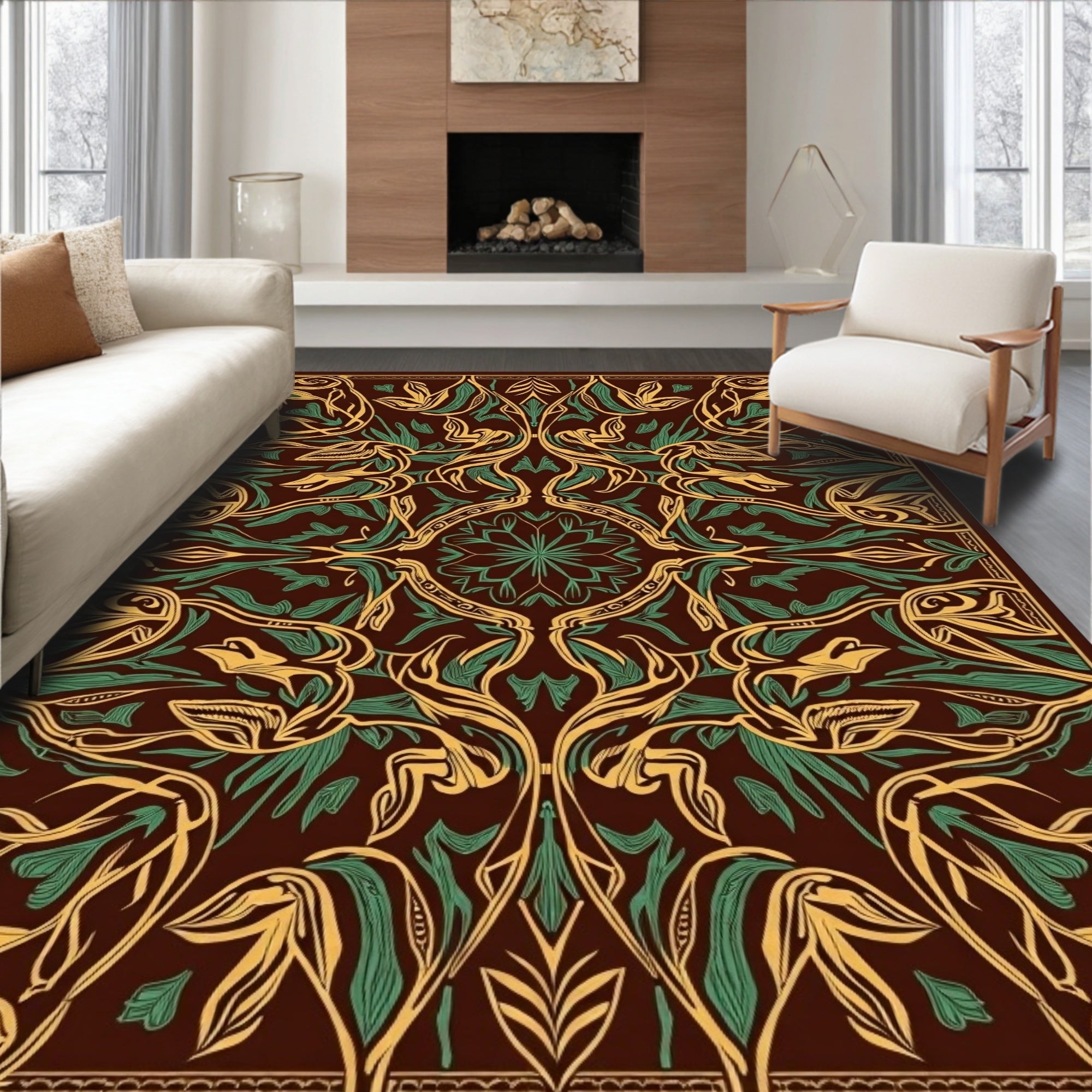 Art Nouveau Golden Green Floral Rug