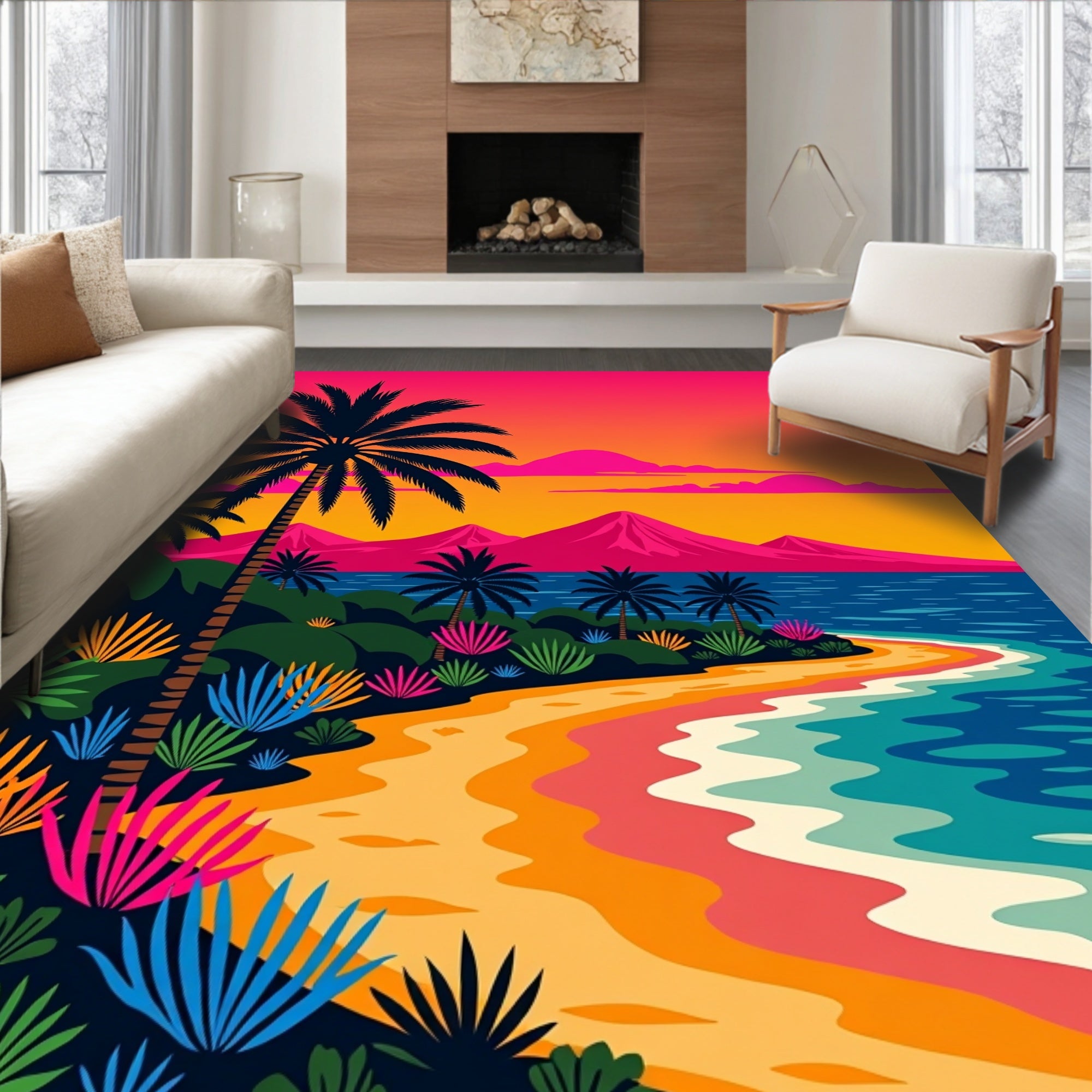 Vibrant Tropical Sunset Beach Palms Rug