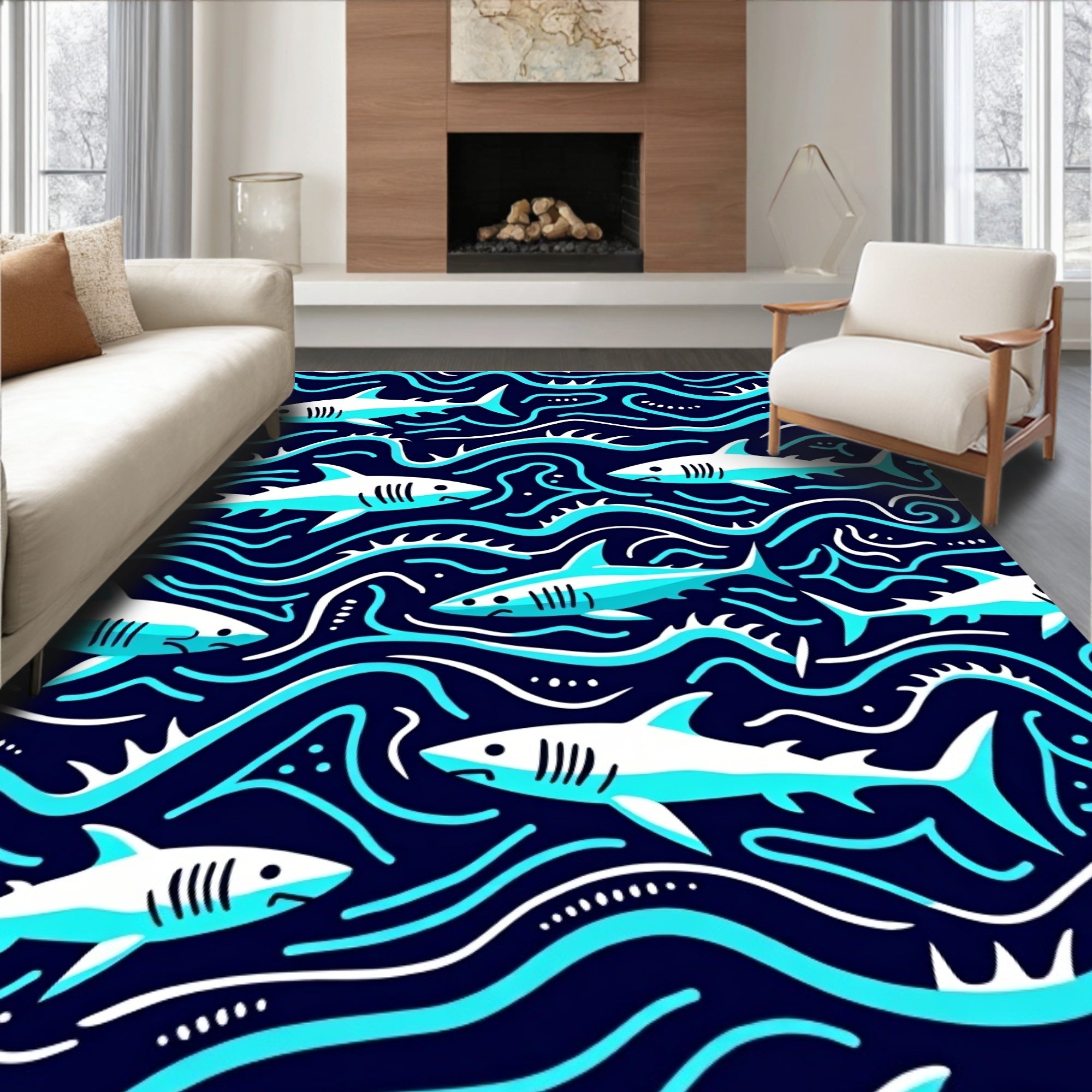 Deep Blue Marine Shark Swirls Rug