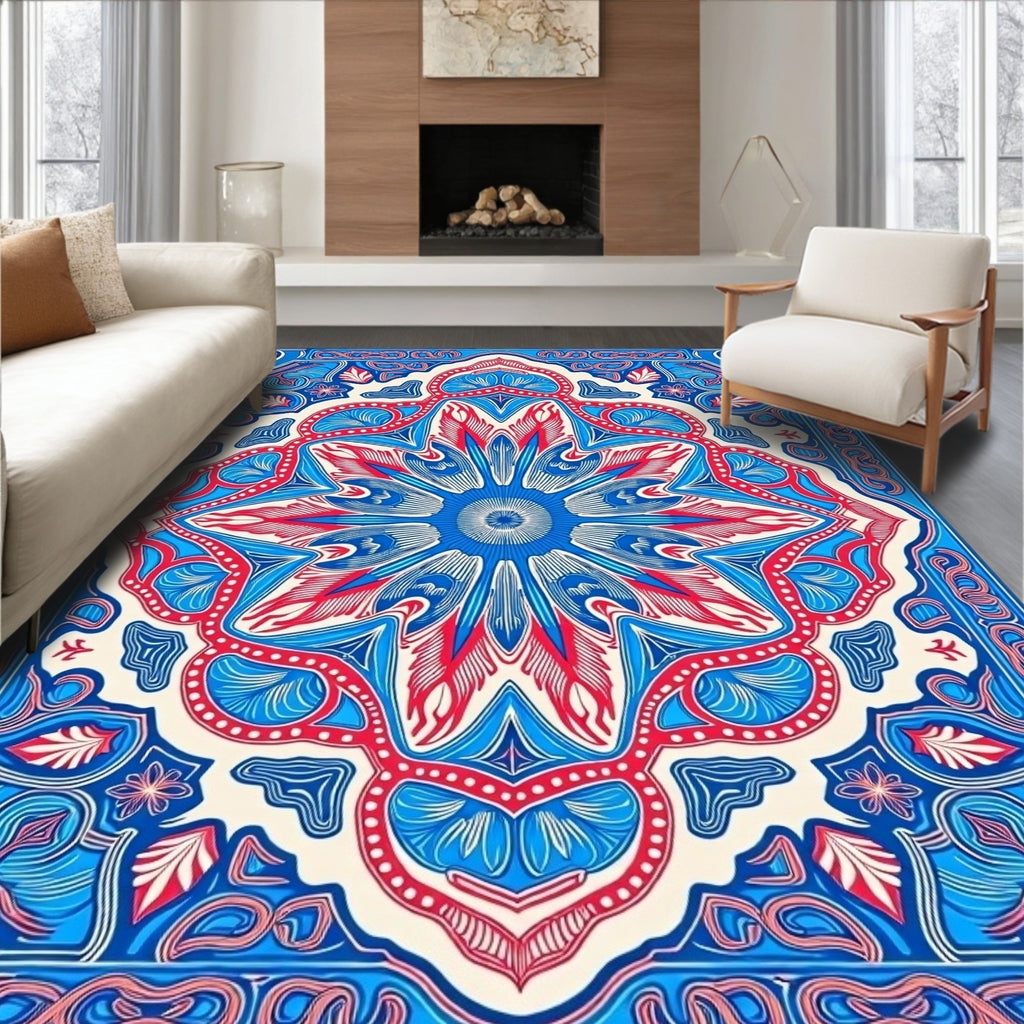Vibrant Blue Red Floral Mandala Square Rug