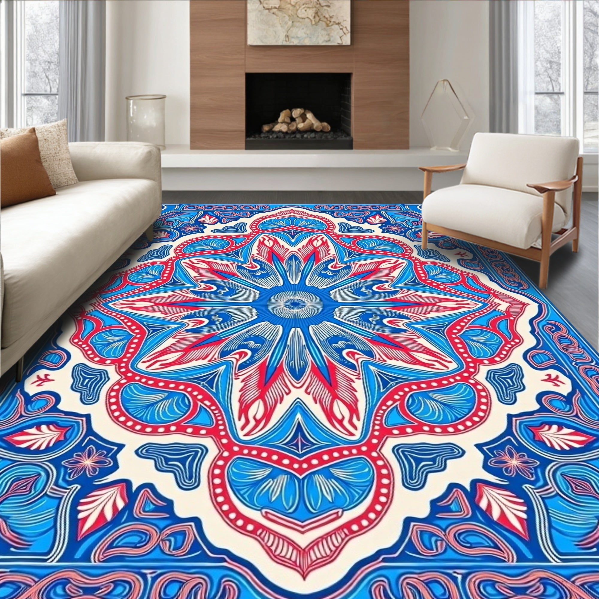 Vibrant Blue Red Floral Mandala Square Rug