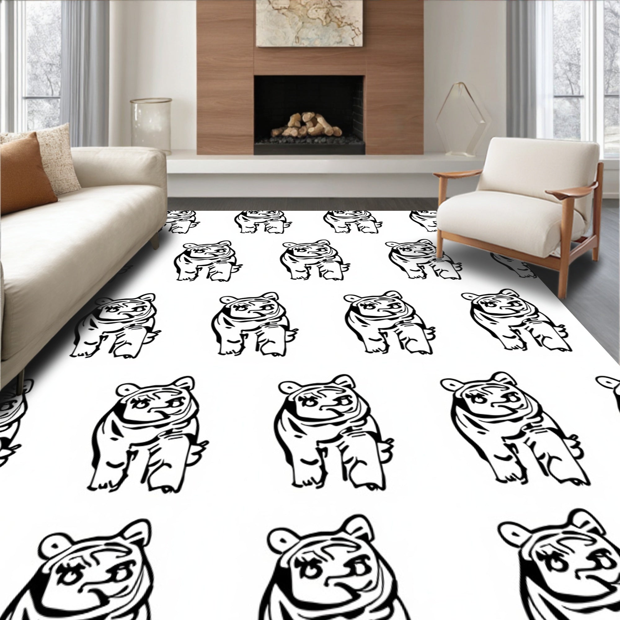 Playful Tiger Cub Silhouette Repeating Pattern Rug