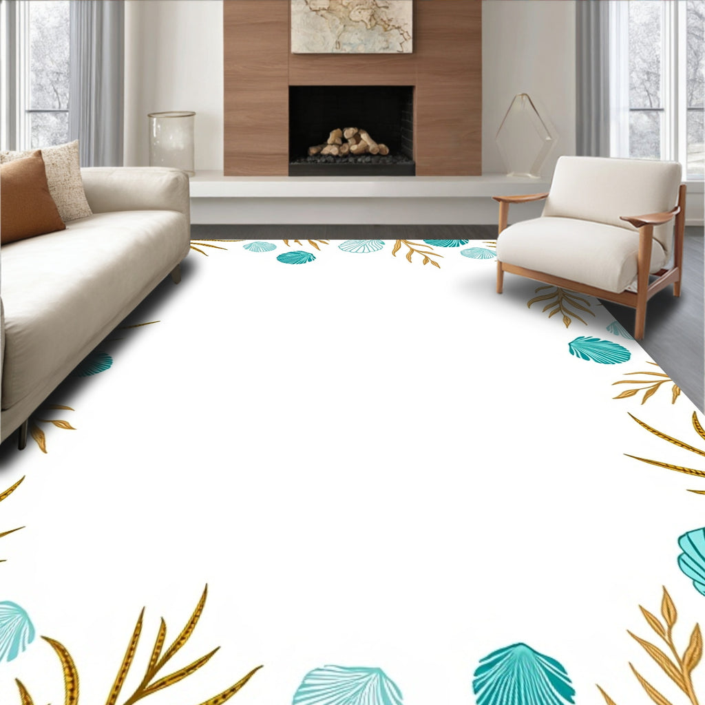 Teal Seashell And Kelp Border Rug