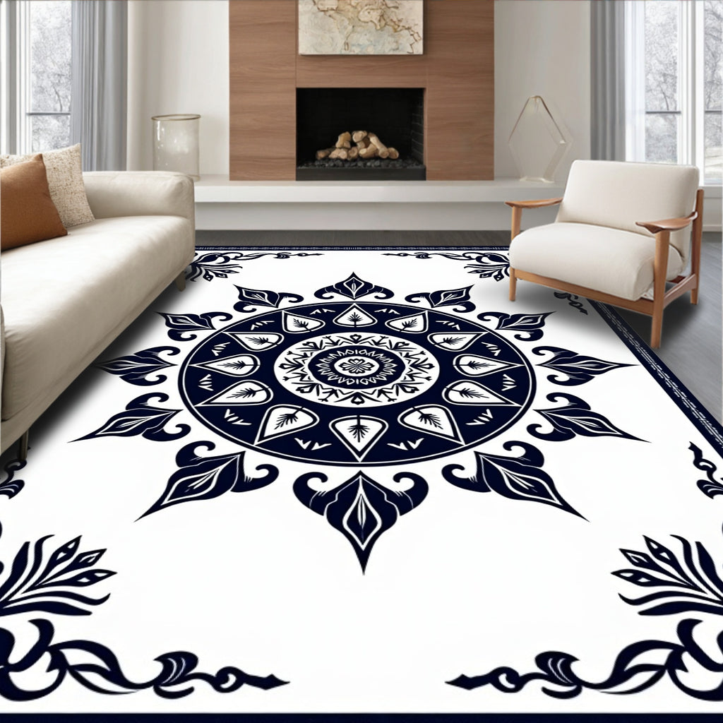 Midnight Blue Floral Mandala Sun Rug