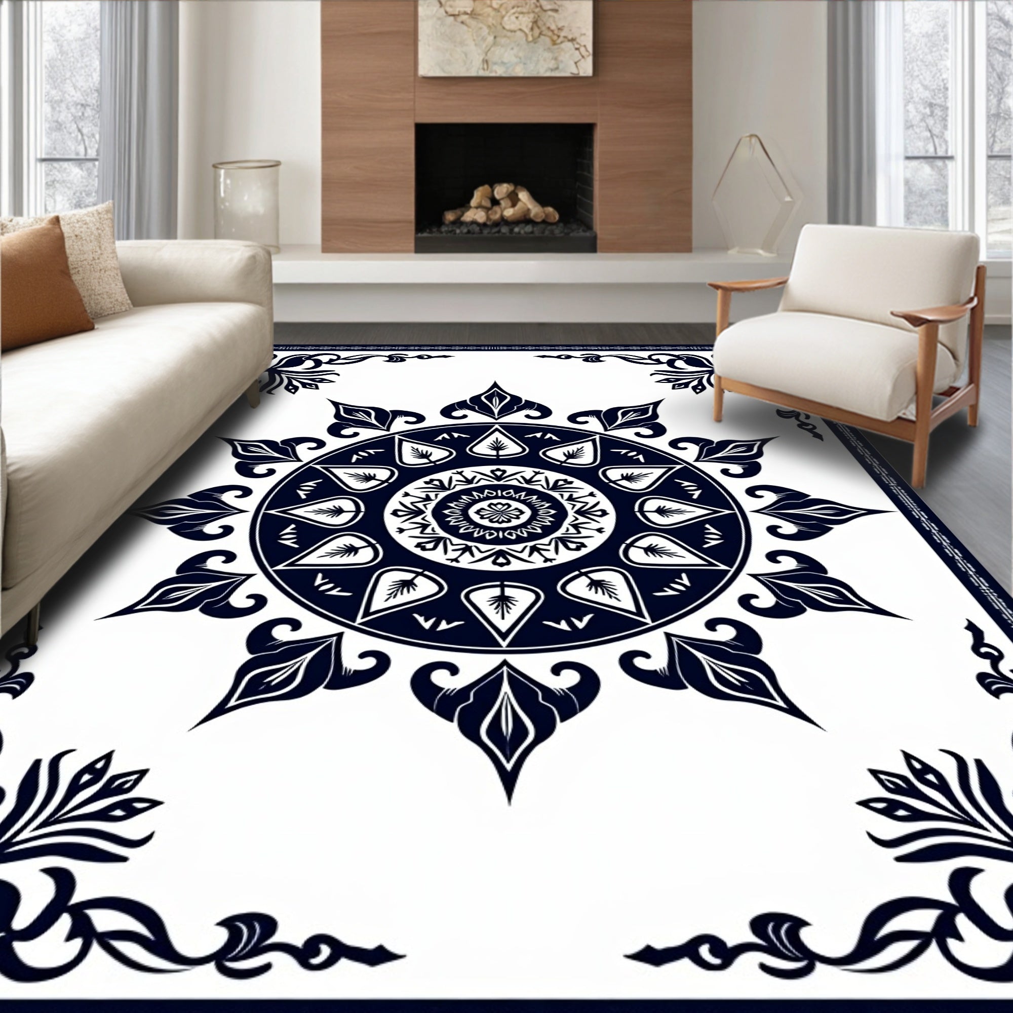 Midnight Blue Floral Mandala Sun Rug