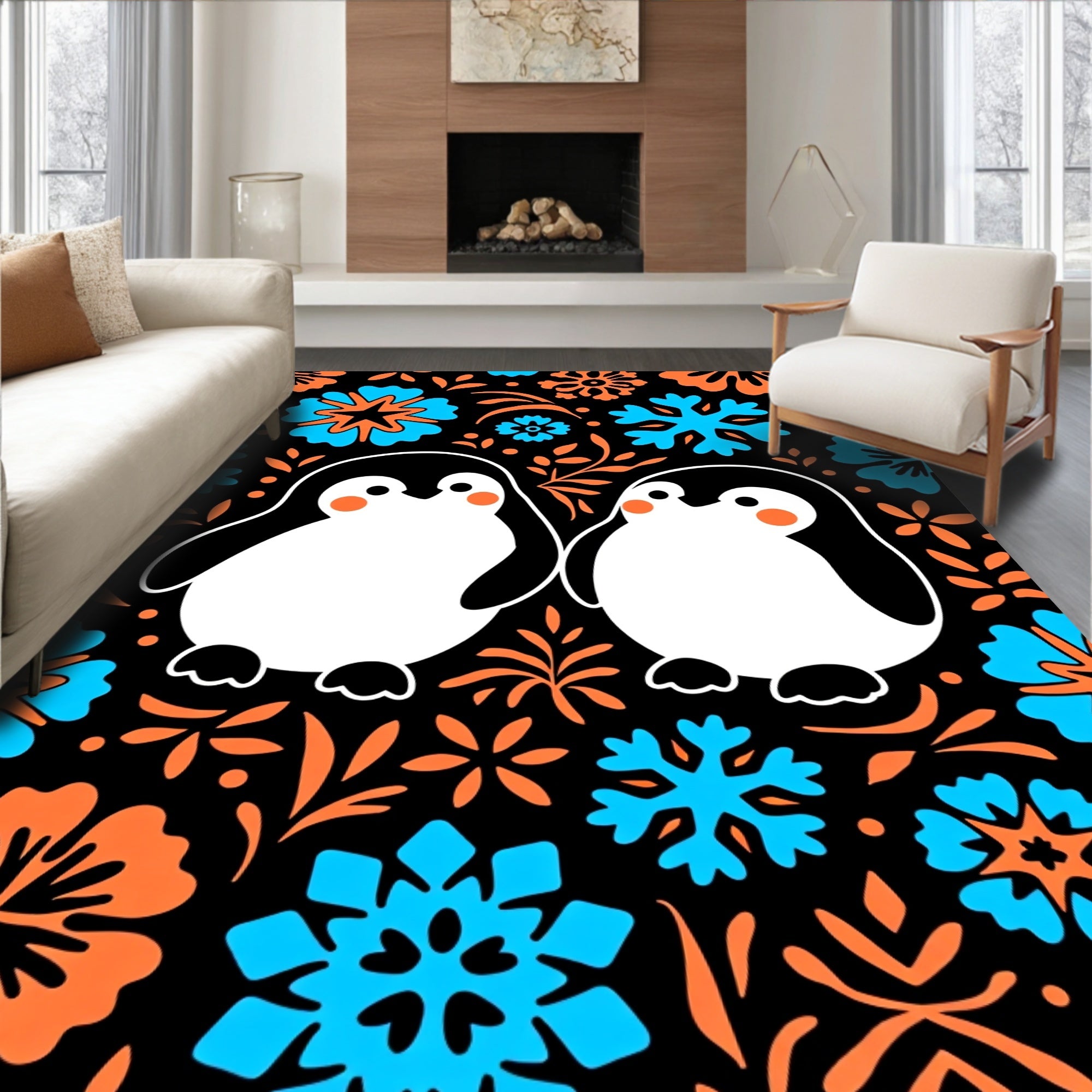 Whimsical Penguin Snow Flake Garden Rug