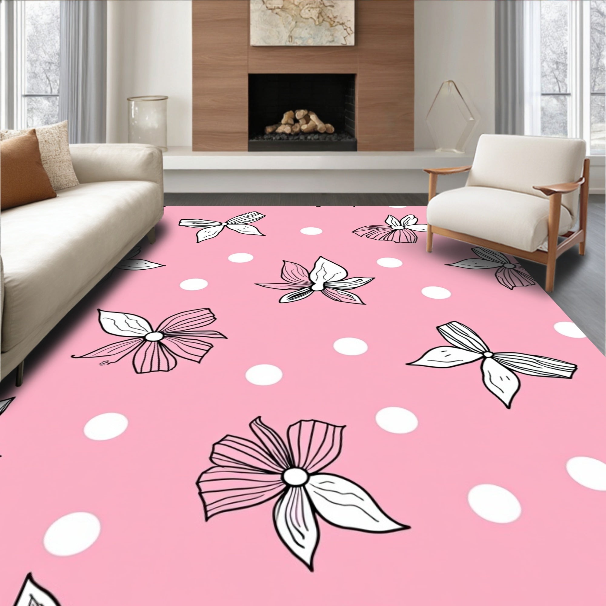 Pink Delicate Hand Drawn Floral Dots Rug