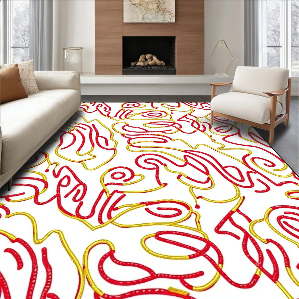 Crimson Gold Wavy Lines Overlay Rug