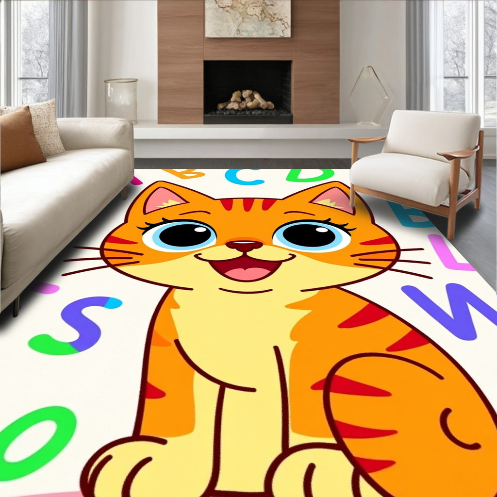 Playful Orange Cat Alphabet Collage Rug