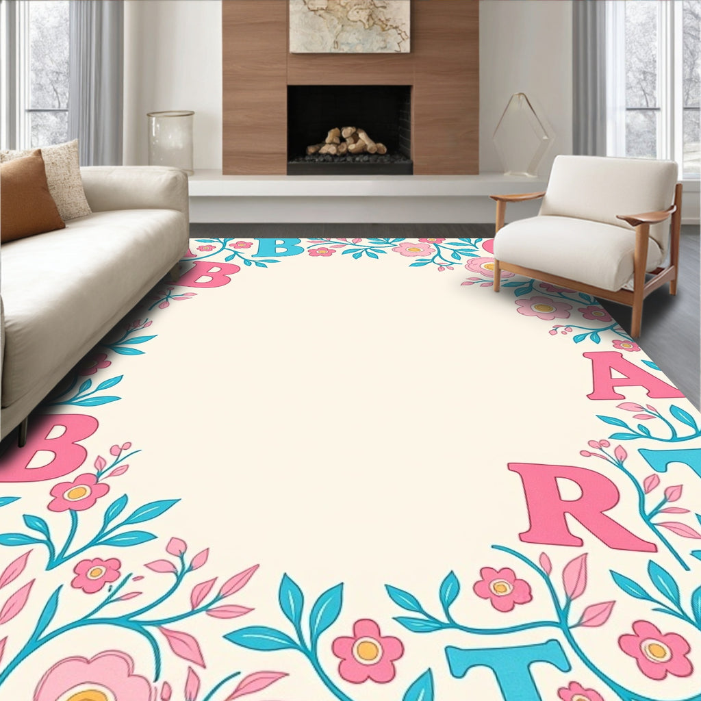 Pink Teal Alphabet Floral Border Rug