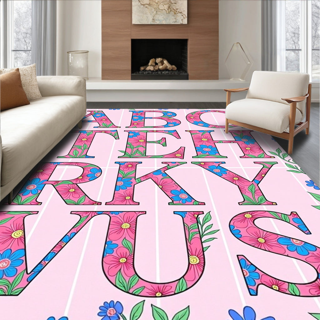 Pink Floral Alphabet Stripes Rug