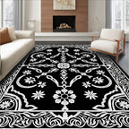 Classic Black White Floral Medallion Border Rug