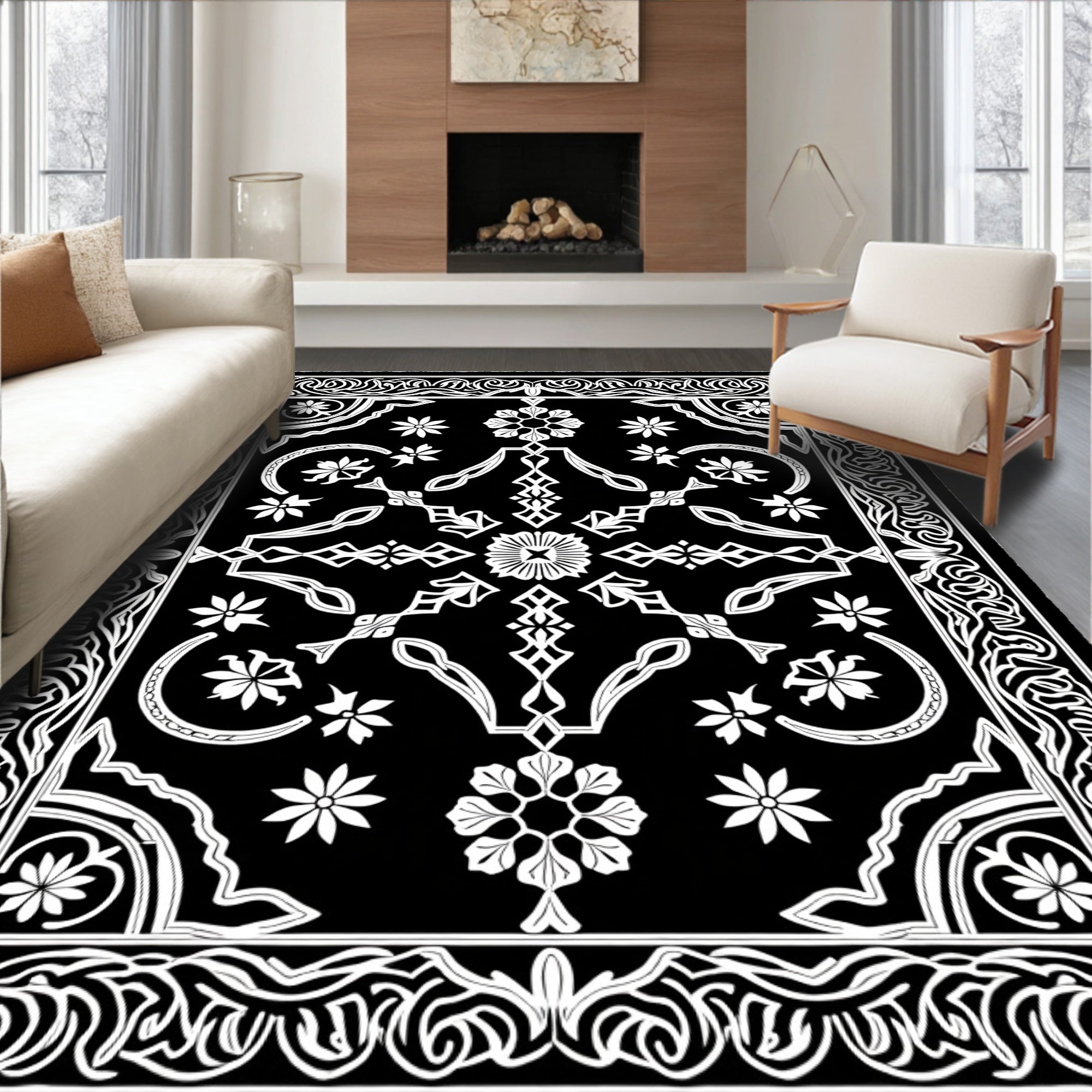 Classic Black White Floral Medallion Border Rug