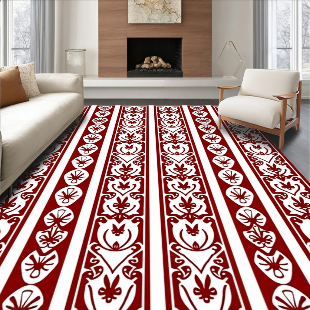 Crimson White Vertical Botanical Stripe Rug