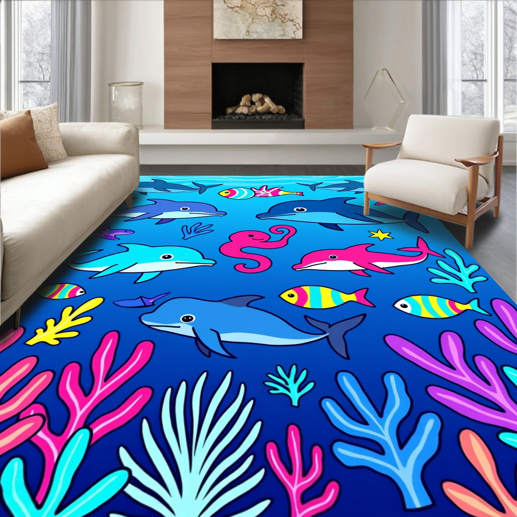 Playful Dolphin Coral Reef Scene Rug
