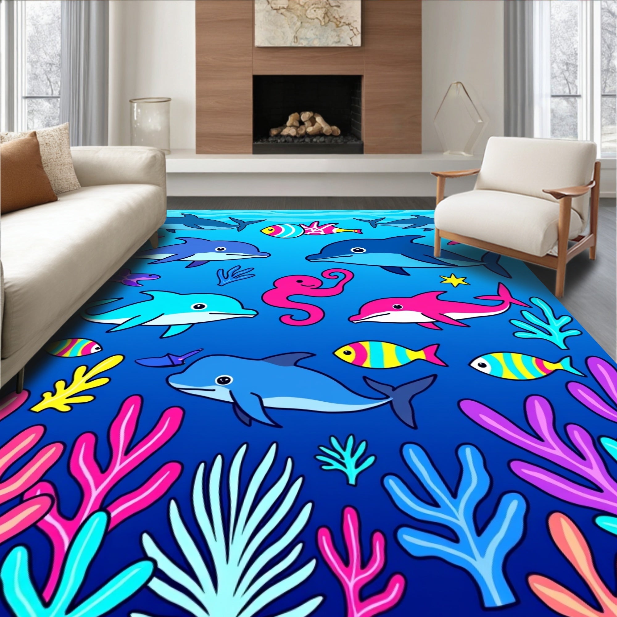 Playful Dolphin Coral Reef Scene Rug