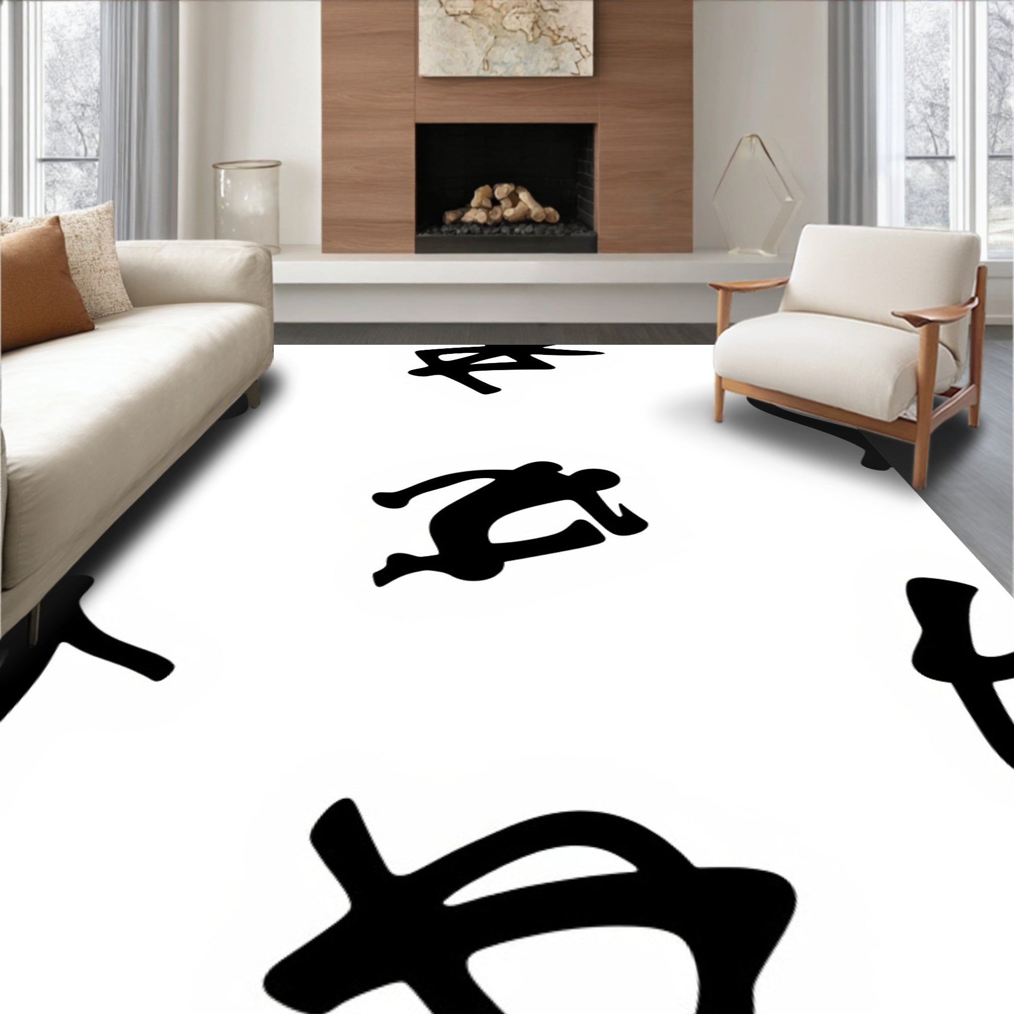 Black Pictogram Action Figures Rug