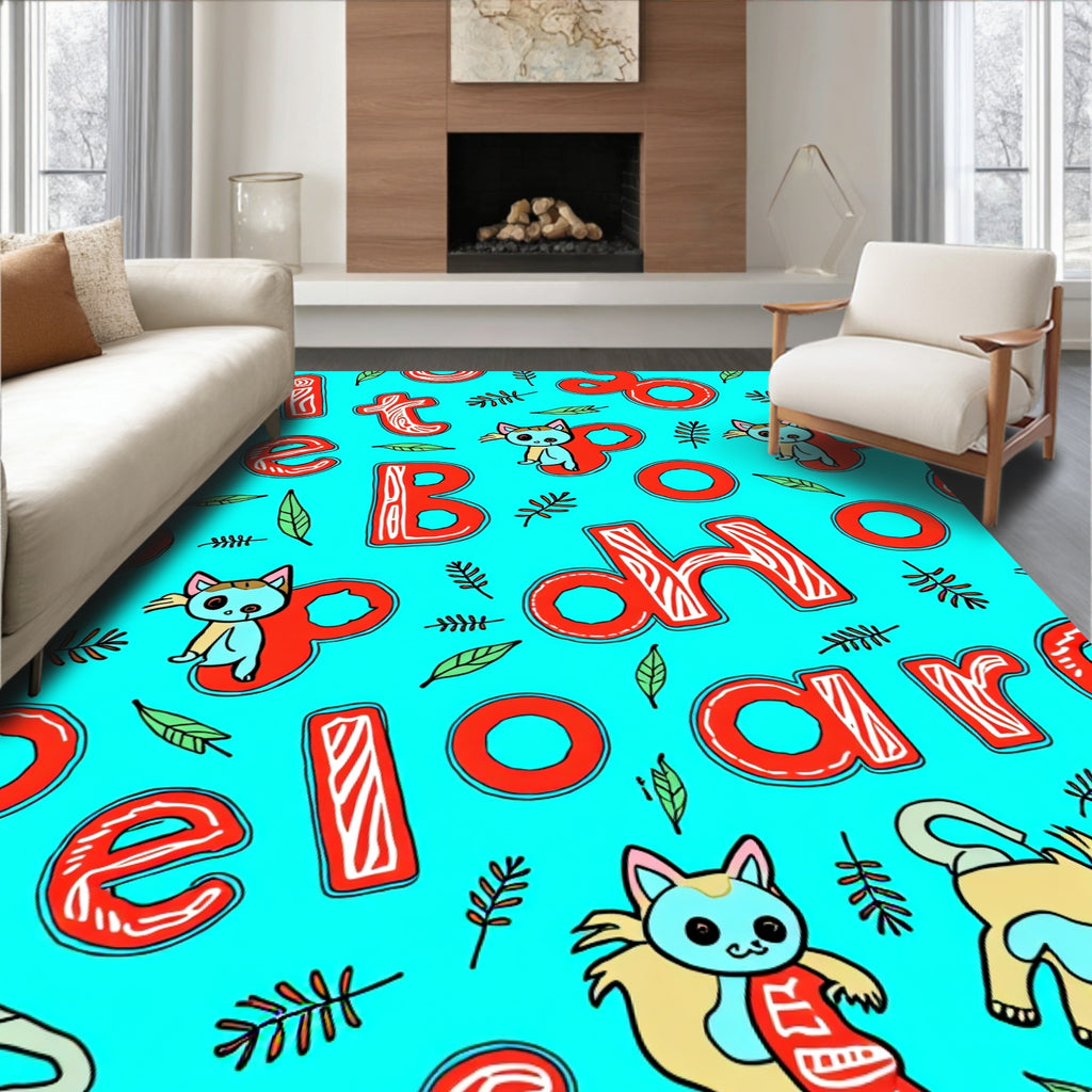 Red Letters Playful Kitties Turquoise Background Rug